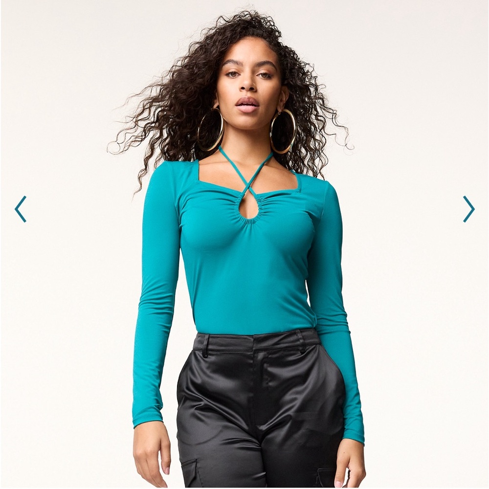 INTEMPO Teal Stretchy Peephole Tie Bodysuit NEW
